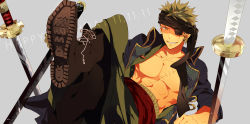 Rule 34 | 1boy, abs, birthday, boots, earrings, eyepatch, green hair, grin, haramaki, headband, jewelry, looking at viewer, male focus, muscular, one-eyed, one piece, open clothes, open robe, pocky day, robe, roronoa zoro, sash, scar, smile, solo, sword, weapon
