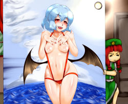 Rule 34 | 2girls, amber manzyu, bat wings, blue hair, braid, breasts, cameltoe, china dress, chinese clothes, dress, fang, female focus, fingernails, hat, highres, hong meiling, long hair, multiple girls, nail polish, navel, open mouth, peeking out, red eyes, red hair, remilia scarlet, shiny skin, short hair, slingshot swimsuit, small breasts, smile, swimsuit, touhou, twin braids, wings