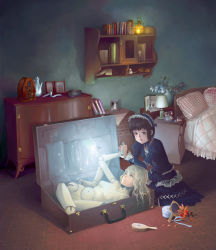 Rule 34 | 2girls, bed, black hair, blonde hair, book, box, bug, butterfly, corded phone, doll, doll joints, fairy, flower, goth fashion, hair brush, hairband, hiraoka masamune, holding hands, in box, in container, insect, joints, lamp, lolita fashion, mirror, multiple girls, nude, phone, photo (object), pillow, ribbon, shelf, short hair