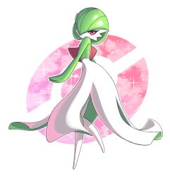 Rule 34 | absurdres, bob cut, colored skin, creatures (company), dress, game freak, gardevoir, gen 3 pokemon, green hair, hair over one eye, highres, just dreamo, looking at viewer, multicolored skin, nintendo, pink eyes, poke ball symbol, pokemon, pokemon (creature), sparkle, two-tone skin, white dress, white skin