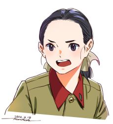 Rule 34 | 1girl, black hair, blush, bow, character request, dated, girls und panzer, green jacket, hair bow, highres, horikou, jacket, long hair, military, military uniform, one-hour drawing challenge, open mouth, purple eyes, signature, simple background, solo, uniform, upper body, white background