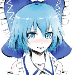 Rule 34 | 1girl, blue eyes, blue hair, blue theme, blush, bow, cirno, close-up, cosplay, female focus, grin, hair bow, hakurei reimu, hakurei reimu (cosplay), matching hair/eyes, partially colored, same 2009, short hair, smile, solo, touhou, white background