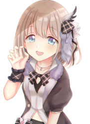 1girl, :d, bangs, black bow, black jacket, black shirt, blue eyes, bow, brown hair, claw pose, collarbone, commentary request, eyebrows visible through hair, gatchapowa, hair between eyes, hand up, heart, idolmaster, idolmaster shiny colors, jacket, looking at viewer, open mouth, plaid, plaid bow, puffy short sleeves, puffy sleeves, serizawa asahi, shirt, short sleeves, simple background, smile, solo, upper body, vest, white background, white vest, wrist cuffs