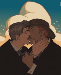 Rule 34 | 2boys, bara, closed eyes, cowboy hat, enri (ceinordraws), facial hair, formal, french kiss, from side, hand on another&#039;s neck, hat, highres, kiss, male focus, mature male, multiple boys, necktie, necktie grab, neckwear grab, original, profile, short hair, sideburns, sideburns stubble, sparse arm hair, stubble, suit, sunset, tongue, tongue out, upper body, yaoi
