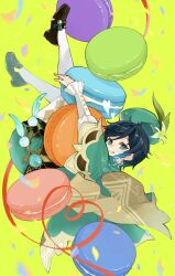 Rule 34 | 1boy, :q, aqua eyes, aqua hair, artist name, beret, black footwear, black hair, braid, buttons, cape, capelet, closed mouth, commentary, confetti, flower, food, frilled sleeves, frills, genshin impact, gradient hair, green background, green cape, green capelet, green hat, green shorts, hat, heart, highres, legs up, licking lips, loafers, long sleeves, looking at viewer, looking to the side, macaron, male focus, misoshiru umai4, multicolored hair, pantyhose, puffy shorts, red ribbon, ribbon, shirt, shoes, shorts, side braids, sidelocks, simple background, smile, solo, tongue, tongue out, twitter username, two-sided cape, two-sided fabric, venti (genshin impact), vision (genshin impact), watermark, white flower, white pantyhose, white shirt