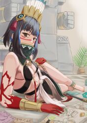 Rule 34 | 1girl, bare shoulders, barefoot, black hair, black skirt, blood, blood on hands, blue hair, bracer, breasts, colored inner hair, detached collar, drawing, facepaint, fate/grand order, fate (series), feathers, grey eyes, halterneck, headdress, high collar, inugami86, looking at viewer, multicolored hair, navel, paper, pelvic curtain, sash, short hair, sidelocks, skirt, small breasts, solo, tassel, tenochtitlan (fate), tenochtitlan (first ascension) (fate), whip