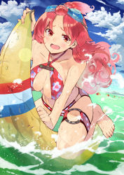 Rule 34 | 1girl, absurdres, banana boat, barefoot, bikini, fang, feet, furukawa itsuse, goggles, goggles on head, highres, long hair, ocean, original, red eyes, red hair, riding, solo, swimsuit, toes, topknot, water, wet