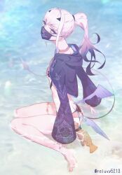 Rule 34 | 1girl, barefoot, beach, bikini, black bikini, black jacket, breasts, brown eyes, choker, cropped jacket, dragon wings, fate/grand order, fate (series), forked eyebrows, high ponytail, highres, jacket, long hair, long sleeves, looking at viewer, mask, melusine (fate), melusine (swimsuit ruler) (fate), melusine (swimsuit ruler) (first ascension) (fate), mouth mask, nail polish, reluvy, shore, shrug (clothing), sidelocks, sitting, small breasts, solo, swimsuit, tail, thighlet, wariza, white hair, wings