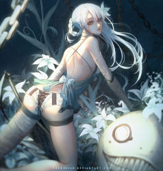 Rule 34 | 1girl, ass, asymmetrical hair, back, bandages, bandaged leg, bandages, braid, breasts, butt crack, commentary, emil (nier), english commentary, field, flower, flower field, from behind, hair flower, hair ornament, hair rings, highres, kaine (nier), lingerie, long hair, looking back, making-of available, medium breasts, negligee, nier, nier (series), night, orchid, solo, the cecile, underwear, watermark, weapon, web address, white hair, yellow eyes