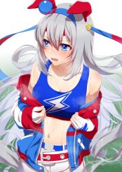 Rule 34 | 1girl, animal ears, bare shoulders, belt, blue belt, blue eyes, blue hairband, blue jacket, blue tank top, blush, breasts, cleavage, collarbone, cowboy shot, crop top, ear covers, ear ornament, fang, fingerless gloves, gloves, hair between eyes, hairband, headband, highres, horse ears, horse girl, horse tail, jacket, lightning bolt print, long hair, long sleeves, looking away, matuda (matudayazo), midriff, navel, off shoulder, open clothes, open jacket, open mouth, pants, red belt, red headband, sidelocks, skin fang, small breasts, solo, standing, sweat, tail, tamamo cross (umamusume), tank top, umamusume, white gloves, white pants