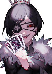 Rule 34 | 1girl, absurdres, black clover, black hair, blurry, breasts, brown vest, card, chest harness, chromatic aberration, depth of field, eyepatch, frit 2, fur collar, fur trim, gem, grin, hand up, harness, high collar, highres, holding, holding card, insignia, jacket, long bangs, long eyelashes, looking at viewer, mandarin collar, narrowed eyes, one eye covered, open clothes, open jacket, open mouth, parted bangs, playing card, queen (playing card), queen of clubs, queen of hearts (playing card), queen of spades, red eyes, red gemstone, short hair, simple background, smile, soft focus, solo, spade (shape), spotlight, teeth, tiara, tongue, tongue out, upper body, upper teeth only, vanica zogratis, vest