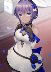 Rule 34 | 1girl, bare shoulders, black gloves, blue bow, blue eyes, blue ribbon, blush, bow, breasts, cleavage, closed mouth, collarbone, cowboy shot, dark-skinned female, dark skin, detached sleeves, dress, fate/grand order, fate (series), frilled dress, frills, gloves, hair bow, hands on own chest, hassan of serenity (fate), kyoeiki, long sleeves, medium breasts, neck ribbon, panties, petals, polka dot, polka dot bow, purple hair, red carpet, ribbon, short hair, smile, solo, underwear, white bow, white dress, white panties