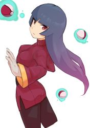 Rule 34 | 1girl, black hair, breasts, closed mouth, creatures (company), game freak, gloves, gym leader, highres, long hair, looking at viewer, nintendo, nyonn24, pantyhose, poke ball, poke ball (basic), pokemon, pokemon frlg, purple hair, red eyes, sabrina (pokemon), simple background, solo, very long hair, white background