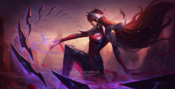 Rule 34 | 1girl, absurdres, artist name, blue eyes, brown hair, cloud, feet out of frame, fingernails, floating hair, fog, forehead jewel, from side, hair ornament, highres, irelia, league of legends, long hair, mountain, multiple swords, nail polish, outdoors, outstretched arm, parted lips, red nails, red petals, signature, sitting, sky, solo, sunflowerbear, sunset