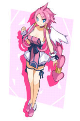 Rule 34 | 1girl, ahoge, bare arms, bare legs, bare shoulders, blue eyes, blue shorts, breasts, choker, cleavage, closed mouth, collarbone, disgaea, full body, hair tubes, highres, large breasts, legs together, long hair, looking at viewer, makai senki disgaea 4, pink background, pink footwear, pink hair, shiny skin, shirt, shoes, shorts, sidelocks, smile, solo, standing, suaman, tabard, thighlet, vulcanus (disgaea 4), white shirt, wrist cuffs
