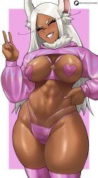 Rule 34 | 1girl, abs, absurdres, animal ears, blush, boku no hero academia, bra, breasts, closed eyes, commentary, covered erect nipples, cropped sweater, cupless bra, dark-skinned female, dark skin, echo saber, english commentary, fur collar, grin, groin, hand on own hip, hand up, heart pasties, highleg, highleg panties, highres, hood, hood down, hooded sweater, large breasts, long hair, mirko, nail polish, paid reward available, panties, pasties, patreon logo, patreon username, pink background, pink bra, pink lips, pink nails, pink panties, pink sweater, pink thighhighs, rabbit ears, smile, solo, sweater, thick thighs, thighhighs, thighs, toned, underwear, v, v-shaped eyebrows, very long hair, watermark, web address, white hair, wide hips