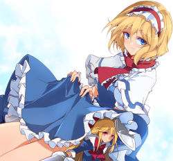 Rule 34 | 1girl, alice margatroid, arms up, blonde hair, blue background, blue dress, blue eyes, bow, bowtie, breasts, capelet, closed mouth, dress, eyes visible through hair, flying, hair between eyes, hairband, hands up, highres, ichimura kanata, long hair, long sleeves, looking at viewer, looking to the side, medium breasts, necktie, puffy short sleeves, puffy sleeves, red bow, red bowtie, red eyes, red hairband, red necktie, shanghai doll, shield, shirt, short hair, short sleeves, smile, solo, standing, touhou, weapon, white background, white shirt, wrist cuffs