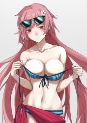 Rule 34 | 1girl, :/, absurdres, bikini, blue bikini, blush, breasts, closed mouth, collarbone, earrings, er huaa, eyewear on head, flower, front-tie top, girls&#039; frontline, grey background, hair flower, hair ornament, highres, holding, jewelry, large breasts, long hair, navel, ntw-20 (girls&#039; frontline), ntw-20 (op. blazing sun) (girls&#039; frontline), official alternate costume, pink eyes, pink hair, sarong, simple background, solo, striped bikini, striped clothes, sunglasses, sunglasses on head, sweat, swimsuit, untied bikini, very long hair