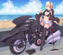 Rule 34 | 1girl, artoria pendragon (alter swimsuit rider) (fate), artoria pendragon (alter swimsuit rider) (second ascension) (fate), artoria pendragon (fate), b7669726, beach, bikini, black bikini, black jacket, black thighhighs, blonde hair, breasts, broom, cleavage, cloud, cloudy sky, commentary request, fate/grand order, fate (series), food, frills, full body, hair between eyes, highres, holding, holding broom, jacket, looking at viewer, maid, maid bikini, maid headdress, medium breasts, motor vehicle, motorcycle, navel, no shoes, ocean, open clothes, outdoors, popsicle, ribbon, shoes, unworn shoes, short hair, sitting, sky, solo, swimsuit, thighhighs, tongue, tongue out, unconventional maid, water, yellow eyes