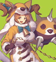 Rule 34 | 1girl, :d, ball and chain (weapon), bell, blue bow, blue bowtie, bow, bowtie, breasts, brown eyes, brown gloves, brown hair, character request, copyright request, cowbell, curled horns, gloves, green background, holding, holding weapon, hood, hood up, horn bow, horn ornament, horns, kotoribako, large breasts, long sleeves, looking at viewer, neck bell, open mouth, simple background, smile, solo, weapon