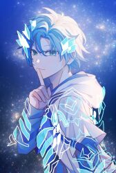 Rule 34 | 1boy, arm guards, armor, blue eyes, blue hair, blue shirt, burger work, drawstring, finger to mouth, from side, hair between eyes, hair strand, highres, hologram, holostars, holostars english, hood, hood down, hooded jacket, index finger raised, jacket, layered sleeves, long sleeves, looking at viewer, looking to the side, male focus, parted bangs, regis altare, shards, shirt, short hair, short over long sleeves, short sleeves, sky, smile, solo, star (sky), starry sky, upper body, virtual youtuber, white jacket