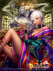 Rule 34 | 1girl, armor, asatani tomoyo, bad id, bad pixiv id, bare shoulders, blue eyes, breasts, chain, cleavage, couch, cross, dragon dreizehn, from side, japanese clothes, kimono, kiseru, long hair, off shoulder, parted lips, smoking pipe, polearm, sitting, smoke, solo, weapon, white hair, yuujo