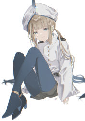 Rule 34 | 1other, androgynous, blonde hair, blue eyes, blue footwear, blue hair, blue pantyhose, brown shorts, captain nemo (fate), closed mouth, fate/grand order, fate (series), gradient hair, hat feather, high heels, knees up, leaning forward, looking at viewer, low twintails, military, military uniform, multicolored hair, naval uniform, nemo (fate), oshage (osyage921), pantyhose, short shorts, shorts, sidelocks, simple background, sleeves past wrists, smile, turban, twintails, uniform, very long sleeves, white background
