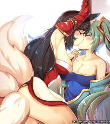 Rule 34 | 2girls, ahri (league of legends), animal ears, areola slip, arm up, armpits, artist name, ass, backlighting, black hair, blue dress, blush, breasts, cleavage, closed eyes, collarbone, covering ass, covering privates, detached sleeves, dress, fox ears, fox tail, from side, green hair, hair ornament, hand up, hinghoi, holding hands, interlocked fingers, kiss, large breasts, league of legends, long hair, multiple girls, multiple tails, off-shoulder dress, off shoulder, patreon, patreon username, shiny skin, simple background, sona (league of legends), strapless, tail, text focus, twintails, very long hair, watermark, web address, white background, yuri