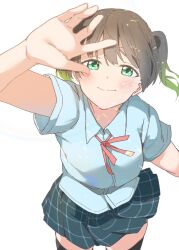 Rule 34 | 1girl, black hair, black thighhighs, blue shirt, blue skirt, blush, closed mouth, collared shirt, commentary request, from above, gradient hair, green eyes, green hair, hand up, highres, liz (piyoko piyop), looking at viewer, love live!, love live! nijigasaki high school idol club, medium hair, multicolored hair, neck ribbon, nijigasaki academy school uniform, pink ribbon, plaid, plaid skirt, pleated skirt, ribbon, school uniform, shirt, short sleeves, skirt, smile, solo, standing, summer uniform, takasaki yu, thighhighs, twintails, upper body, white background