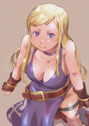 Rule 34 | 1girl, absurdres, annoyed, blonde hair, breasts, cleavage, dress, fatal fury, fingerless gloves, garou: mark of the wolves, gloves, highres, jenet behrn, large breasts, long hair, looking at viewer, pout, purple eyes, snk, solo, arm tattoo