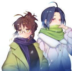 Rule 34 | 2girls, ahoge, akizuki ritsuko, antenna hair, blue hair, brown hair, coat, folded ponytail, fur-trimmed coat, fur trim, glasses, green coat, green scarf, idolmaster, idolmaster (classic), miura azusa, multiple girls, nightea, no mouth, one eye closed, purple scarf, red eyes, scarf, scarf over mouth, side-by-side, vignetting, white background, white coat, winter clothes, winter coat, yellow eyes