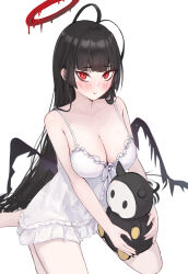 Rule 34 | 1girl, antenna hair, barefoot, black hair, black wings, blue archive, blush, breasts, camisole, cleavage, closed mouth, halo, highres, large breasts, long hair, looking at viewer, melting halo, red eyes, red halo, ryh4, simple background, smile, solo, stuffed toy, tsurugi (blue archive), very long hair, white background, white camisole, wings
