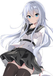 Rule 34 | 1girl, absurdres, black sailor collar, black skirt, black thighhighs, blue eyes, blush, closed mouth, fathom, grey hair, hair between eyes, hat, hibiki (kancolle), highres, holding, holding clothes, holding hat, kantai collection, long hair, long sleeves, pleated skirt, sailor collar, sailor shirt, shirt, sidelocks, simple background, skirt, solo, thighhighs, unworn hat, unworn headwear, verniy (kancolle), white background, white hat, white shirt