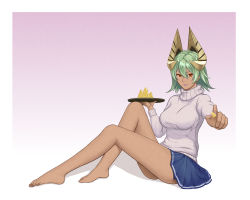 Rule 34 | 1girl, absurdres, alternate costume, bare legs, barefoot, breasts, casual, cheese, commentary, commission, crown, dakkalot, dark-skinned female, dark skin, english commentary, feet, fire emblem, fire emblem heroes, food, green hair, hair ornament, highres, holding, holding food, laegjarn (fire emblem), legs, lips, lipstick, looking at viewer, makeup, medium breasts, nintendo, red eyes, short hair, simple background, sitting, skirt, smile, solo, sweater, turtleneck, turtleneck sweater
