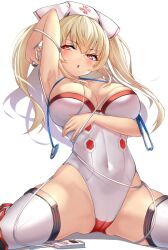 Rule 34 | 1girl, :o, arm under breasts, arm up, armpits, blonde hair, blush, breast press, breasts, breasts out, cameltoe, commentary request, commission, covered navel, hair between eyes, hat, heart, heart-shaped pupils, heart tattoo, highres, holding, large breasts, leotard, long hair, looking at viewer, numako (pizza kanon), nurse, nurse cap, orange eyes, original, parted lips, phantasy star, phantasy star online 2, protagonist (pso2), pubic tattoo, red eyes, rikiddo (tise 00), second-party source, sitting, skeb commission, skin tight, skindentation, solo, spread legs, stethoscope, strapless, strapless leotard, symbol-shaped pupils, tattoo, thighhighs, thighs, topless, twintails, underwear, valgiris, wariza, white background, white hat, white leotard, white thighhighs