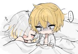 Rule 34 | 1boy, 1girl, aftersex, bed sheet, blonde hair, chibi, couple, grey hair, happy, hetero, kromer (project moon), limbus company, migishita, on bed, project moon, simple background, sinclair (project moon), sleeping, smile, white background, yellow eyes