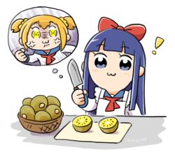 Rule 34 | 2girls, :3, anger vein, angry, apron, artist name, bkub (style), blonde hair, blue eyes, blue hair, bow, chibi, clenched hand, closed mouth, cutting board, food, fruit, hair bow, hair ornament, hair scrunchie, holding, holding knife, hozumi (5+2head), kitchen knife, kiwi (fruit), knife, light blush, long hair, long sleeves, multiple girls, pipimi, poptepipic, popuko, purple eyes, purple hair, red bow, school uniform, scrunchie, serafuku, sidelocks, simple background, spoken character, thought bubble, two side up, upper body, white background, yellow eyes