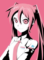 Rule 34 | 1girl, character name, detached sleeves, hatsune miku, heart, heart-shaped pupils, highres, long hair, necktie, oonishi shunsuke, pink eyes, pink hair, simple background, solo, symbol-shaped pupils, tattoo, twintails, vocaloid