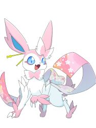 Rule 34 | alternate form, animal focus, blue eyes, blue sclera, bow, bowtie, claws, colored sclera, creatures (company), fang, floral print, full body, game freak, gen 6 pokemon, hair bow, hair ornament, hair stick, happy, leg up, looking at viewer, nintendo, no humans, open mouth, pink bow, pink bowtie, pink ribbon, pokemon, pokemon (creature), ribbon, simple background, skin fang, smile, solo, standing, sylveon, white background, yuui art