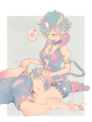 Rule 34 | 1boy, 1girl, bare arms, barefoot, breasts, chest jewel, eyepatch, full body, gloves, grey background, hand on another&#039;s leg, heart, highres, lap pillow, medium breasts, natto soup, pandoria (xenoblade), shirt, short sleeves, sitting, sleeping, soles, speech bubble, toes, wariza, white background, xenoblade chronicles (series), xenoblade chronicles 2, zeke von genbu (xenoblade)