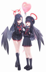 Rule 34 | 2girls, :&lt;, armband, balloon, beret, black choker, black footwear, black gloves, black headwear, black sailor collar, black serafuku, black shirt, black skirt, black socks, black wings, blue archive, blunt bangs, choker, closed eyes, closed mouth, collarbone, commentary, feathered wings, full body, gloves, hair over eyes, halo, hand on another&#039;s shoulder, hat, heart balloon, highres, hime cut, ichika (blue archive), justice task force member (blue archive), leaning forward, loafers, long hair, looking at another, multiple girls, neckerchief, nyamunyamu, open mouth, pleated skirt, red armband, red eyes, red halo, red neckerchief, sailor collar, school uniform, serafuku, shirt, shoes, simple background, skirt, smile, socks, standing, straight hair, white background, wide-eyed, wings