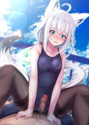 Rule 34 | 1boy, 1girl, ahoge, animal ears, aqua eyes, blush, braid, collarbone, ear piercing, erection, fox ears, fox girl, fox tail, girl on top, hololive, imminent penetration, male pubic hair, one-piece swimsuit, open mouth, outdoors, pantyhose, pantyhose under swimsuit, penis, piercing, pov, pubic hair, shirakami fubuki, straddling, swimsuit, tail, virtual youtuber, wet, white hair, xwu