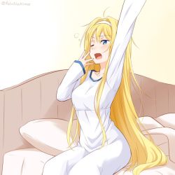 Rule 34 | 1girl, ahoge, alice zuberg, alternate costume, arm up, bed, blonde hair, blue eyes, blush, breasts, collarbone, commentary request, felutiahime, hairband, indoors, long hair, long sleeves, medium breasts, on bed, one eye closed, open mouth, pillow, sitting, sleepy, solo, stretching, sword art online, very long hair, waking up, yawning
