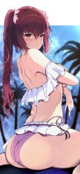 Rule 34 | 1girl, ass, bikini, blush, breasts, fate/grand order, fate (series), frilled bikini, frills, frown, highres, kyuu (plastic night q), long hair, looking to the side, off-shoulder bikini, off shoulder, outdoors, palm tree, purple bikini, purple hair, red eyes, scathach (fate), scathach skadi (fate), scathach skadi (swimsuit ruler) (fate), scathach skadi (swimsuit ruler) (first ascension) (fate), solo, swimsuit, tree, twintails, underboob