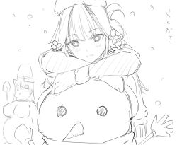 Rule 34 | 2girls,  +, blush, breasts, bucket, carrot, chinese knot, coat, eyepatch, flower-shaped pupils, hair rings, large breasts, leaning on object, long hair, looking at viewer, mirai (senran kagura), mittens, multiple girls, scarf, senran kagura, sketch, smile, snowman, symbol-shaped pupils, toki (senran kagura), yaegashi nan