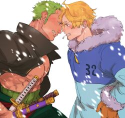 Rule 34 | 2boys, blonde hair, cigarette, coat, curly eyebrows, earrings, facial hair, fur coat, gloves, green hair, hair over one eye, highres, jewelry, kzwtr8, male focus, multiple boys, one piece, open mouth, roronoa zoro, sanji (one piece), scar, scar on chest, short hair, smoking, straw hat pirates, tan, teeth, winter, winter clothes, winter coat, zoro