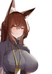 Rule 34 | 1girl, absurdres, animal ear fluff, animal ears, arknights, blush, breasts, brown eyes, brown hair, closed mouth, collared shirt, fox ears, franka (arknights), grey shirt, hair between eyes, heart, heart-shaped pupils, highres, lahz52, large breasts, long hair, looking at viewer, one side up, shirt, short sleeves, simple background, smile, solo, symbol-shaped pupils, underbust, upper body, white background