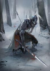 Rule 34 | 1other, ambiguous gender, armor, arrow in body, blood, blood trail, bloody weapon, bloody wolf (elden ring), cape, elden ring, facing viewer, fighting stance, full armor, full body, helmet, highres, holding, holding sword, holding weapon, miso katsu, snow, sword, tarnished (elden ring), tree, waist cape, weapon, white cape