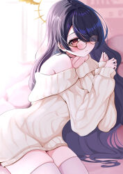 Rule 34 | 1girl, absurdres, alternate costume, bespectacled, black hair, blue archive, blush, cowboy shot, glasses, halo, highres, hinata (blue archive), indoors, long hair, long sleeves, off-shoulder sweater, off shoulder, open mouth, red eyes, solo, sweater, tarako (tarakopng), thighhighs, white sweater, white thighhighs, yellow halo