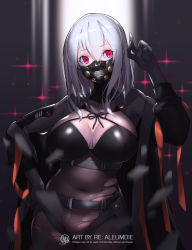 Rule 34 | 1girl, arm up, artist name, belt, black gloves, black ribbon, blurry, blurry background, bodystocking, breasts, cleavage, covered navel, cowboy shot, english text, fishnets, gloves, hand on own hip, highres, large breasts, long hair, long sleeves, mask, mouth mask, original, pink eyes, plump, ribbon, signature, silver hair, skin tight, solo, sparkle, teeth, torn clothes, wookyung